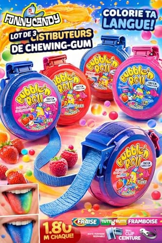 Lot de 3 distributeurs de chewing-gum colorant la langue - 180cm par rouleau - Framboise - Tuttifrutti - Fraise - 915