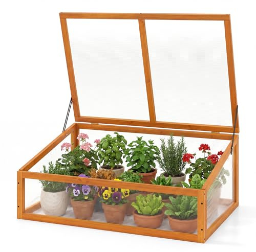 GYMAX Frühbeet Holz, Frühbeetaufsatz mit klappbares Dach, Fruhbeet Gewachshaus, Frühbeetkasten Aufsatz, Pflanzkasten für Balkon & Terrasse, 94 x 63 x 40 cm (Orange)