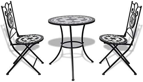 Generico Set da Bistrot 3 pz in Piastrelle di Ceramica Nero e Bianco,Set da Giardino