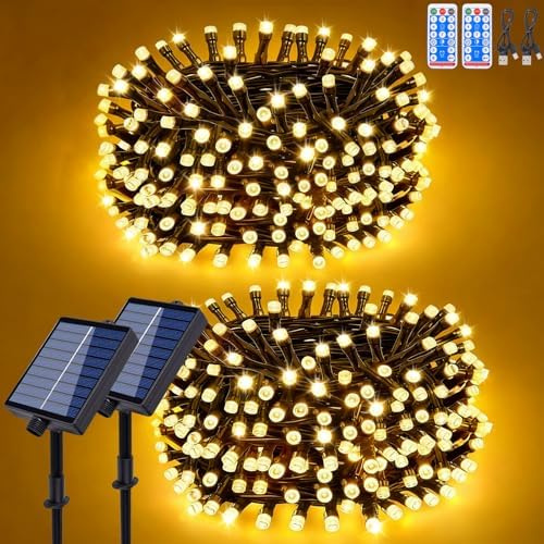 ZCLIKEU 2 Stück Lichterkette Außen Solar 30m 300LEDs Warmweiß, 8 Modi Wasserdicht Solar Lichterkette Aussen mit Timer Fernbedienung & USB für GartendekoTerassen Hochzeiten Ramadandeko