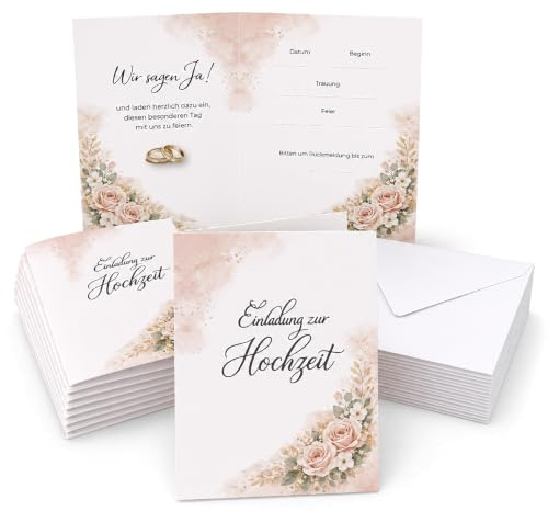 TOMARO Hochzeitseinladungen 10 Stück mit Umschlägen – Einladungskarten Hochzeit A6 Klappkarten zum Ausfüllen, florale Hochzeitseinladungskarten als Hochzeitskarten Set