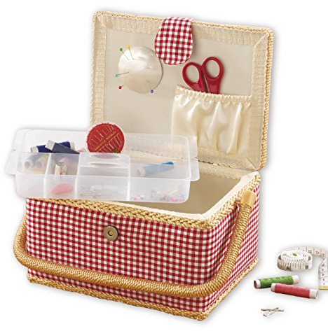 EASYmaxx Nähkästchen im Landhausstil | Inklusive 76-teiligem Zubehör | Ideal zur Aufbewahrung von Nähzubehör [rot/weiß]