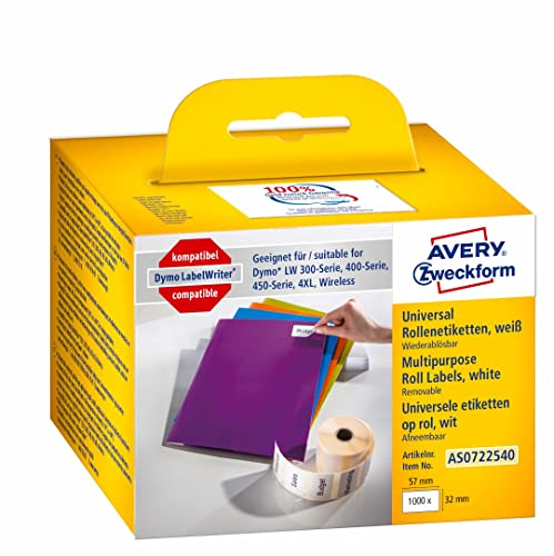 AVERY Zweckform AS0722540 Dymo LabelWriter Etiketten kompatibel zu S0722540 (57x32mm, 1 Rolle|1.000 ablösbare Aufkleber, selbstklebend, für LW Dymo Etikettendrucker/Beschriftungsgerät/Etikettenband)