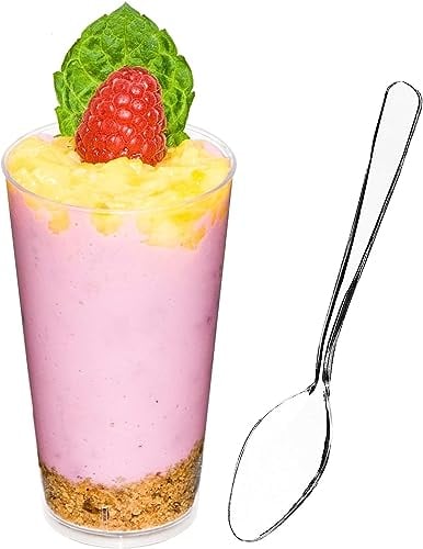 DLux Dessert Cups with Spoons, 90 ml 50 Pcs - Shooter - Clear Plastic Parfait Appetizer Cup - Small re-usable Shot Glass for Tasting Party Shooters Desserts Appetizers - with Recipe Ebook