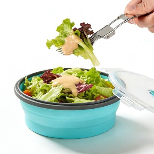 ColorCoral Collapsible Silicone Camping Bowl with Airtight Lid, Large 1200ml/42oz, Foldable Bowl for Travel, RV, Leakproof Food Storage, Microwave & Fridge Safe, Includes Stainless Steel Fork