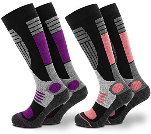 Occulto 2 Paar DAMEN SKISOCKEN mit POLSTERUNG in verschiedenen Farben, THERMO WINTERSOCKEN für SKI und SNOWBOARD 1 Paar Lila | 1 Paar Pink 39-42