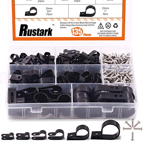 Rustark 135 Stück 6 Größen Schwarz Nylon R-Typ Kabelschellen Nylon Kabelhalter R Clips Schraubbefestigung Kabelklemmen kommt mit 135 Stück 304 Edelstahl Schrauben für Drahtmanagement