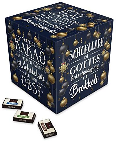 printplanet® Würfel Adventskalender als Sprüchekalender mit Schokolade gefüllt - Bedruckt mit witzigem Spruch auf jeder Seite - zum Hinstellen - Farbe blau