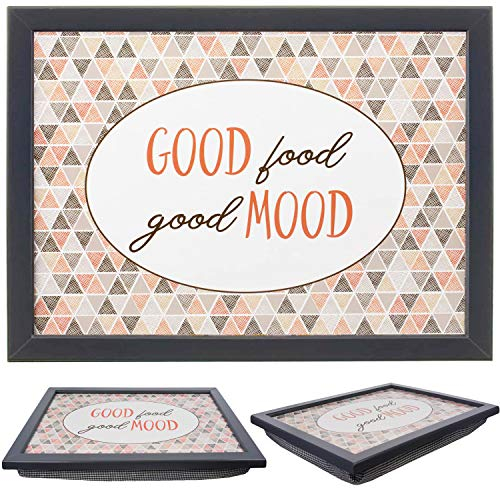 The Magic Toy Shop Wooden Lap Trays with Bean Bag Cushion - Good Food Good Mood Design - Large Padded Tray for Adults - Suitable for Food, Work, Art, Studies, TV, Sofa, Bed - Great for Food Lovers