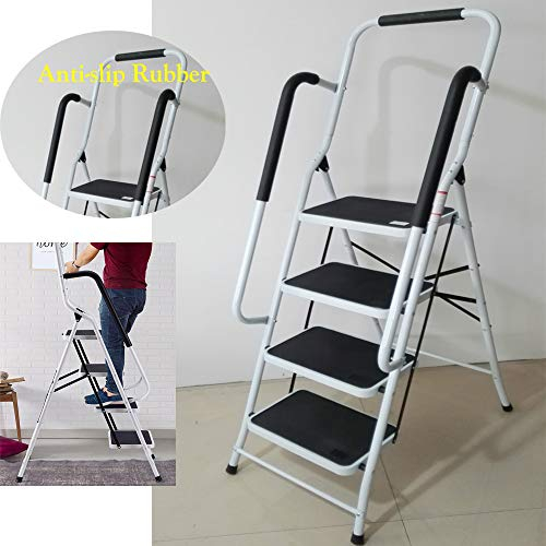 Zusammenklappbar Trittleiter Klapptritt mit Handlauf, Stehleiter klappbar, Haushaltsleiter Stufenleiter Platzsparend, Metall, Stufenstehleiter 150kg Tragkraft (4-Stufen-Trittleiter)
