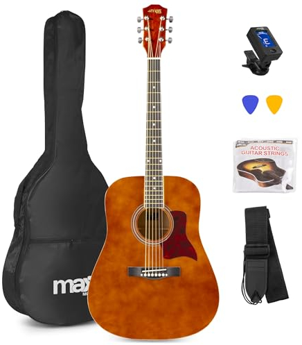 MAX SoloJam - Set de iniciación a la guitarra acústica, incluye funda, afinador, correa para el hombro, púas y cuerdas de repuesto para guitarra acústica, color madera oscura