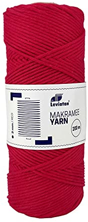 LEVIATAN Natürliches Makramee garn - 200m superweiche Makramee Schnur mit 3mm Einfachdrehung - 100% makramee Baumwolle Baumwollfadenseil für Basteln, Hochzeits- und Weihnachtsdekorationen Rot