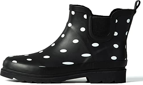 GUGUMIMI Kurz Gummistiefel Damen- Wasserdicht Regenstiefel Gleitfest Gummi Stiefel Stiefeletten Regen Boots Mode Gartenschuhe Schnee Schlupfstiefel, Schwarz/Weißpunkte, 40 EU