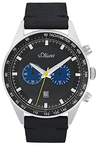 s.Oliver Armbanduhr Herren Chronograph Analog, mit Leder Armband, Schwarz, 5 bar Wasserdicht, Kommt in Uhren Geschenk Box,