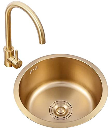 Kitchen Sink Fregaderos De Cocina, Fregadero De Preparación De Barra De Un Tazón, con Grifo Fregadero De Oro Cepillado Redondo, Acero Inoxidable 304, Instalación Empotrada O Bajo Cubierta