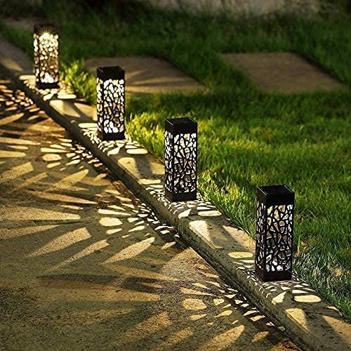 Garden Mile Solar Powered Stainless Steel Garden Lighting LED Garden Stake Outdoor Light Bollard Pathway Borders Patio Weatherproof Warm Lights (6pc Martello Bollards) (4pc Damasque Lights)