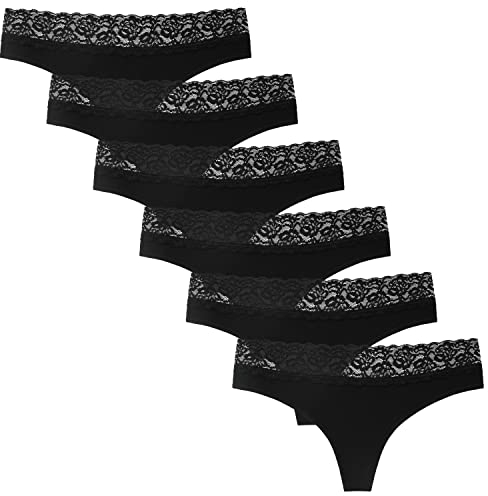 INNERSY Tanga Damen Sexy Spitze Baumwoll String Schwarz Hipster Pantys Bequeme Thong 6er Pack (L, 6 Schwarz mit Spitzenbund)