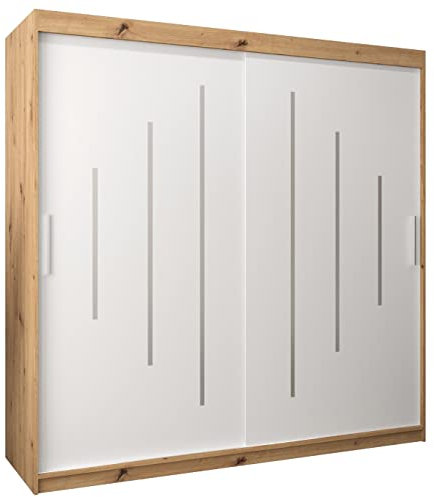 Kryspol Schwebetürenschrank York 200 cm Kleiderschrank mit Kleiderstange und Einlegeboden Schlafzimmer- Wohnzimmerschrank Schiebetüren Modern Design (Artisan Eiche + Weiß)