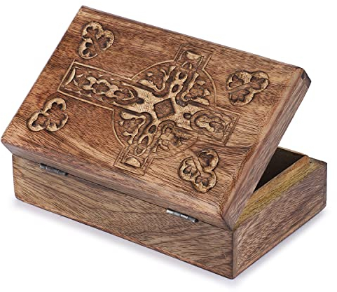Ajuny Handgeschnitzte Dekorative Schmuck Aufbewahrungsbox aus Holz mit keltischem Kreuz Schnitzerei Design Mehrzweck Schatztruhe Andenken Organizer Halsketten Uhrenboxen Geschenke 8x5 Zoll