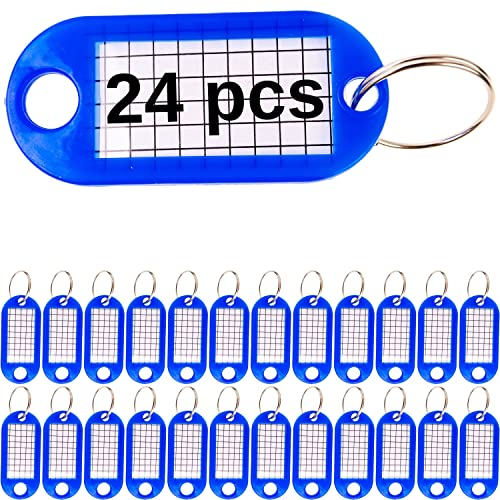 Schlüsselanhänger zum Beschriften, 24 Stück, Blau, mit Schlüsselring, 3 x 1,5 cm Etiketten-Fenster, Schlüsselschild mit Spaltring, Schlüsselbeschriftungen, Schlüsseletiketten, Schlüssel Organisation