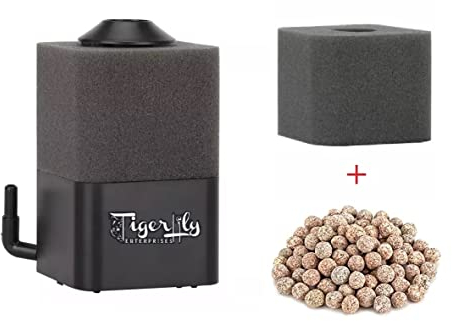 Tigerlily Enterprises Filtre d'aquarium, filtre éponge submersible pour aquarium avec 1 éponge de rechange et boules en céramique bio-média pour aquariums d'eau douce et d'eau salée – Petit < 30 l.