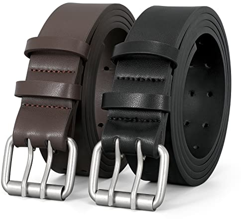 JasGood 2 StückHerren Doppel Prong Ledergürtel Casual Work Heavy Duty Gürtel Doppel Ösen Gürtel für Jeans