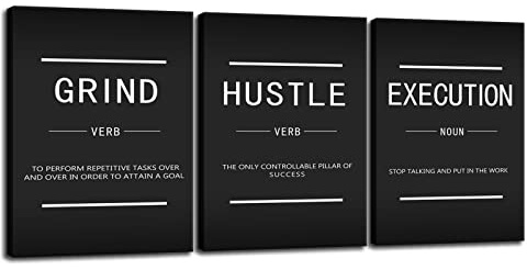 Motivierende Leinwand-Wandkunst, inspirierendes Poster, Grind Verb Hustle Verb Execution Noun, 3-teilig, Kunstwerk für Wohnzimmer, Büro, Dekoration, fertig zum Aufhängen, 91.4 cm Bx40.6 cm H)