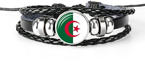 Geflochtenes Armband Mit Algerien-Flagge – Wappen Aus Glas-Edelstein,Mehrschichtiges Pu-Leder-Armband,Ballspiel-Flaggen-Knopf-Armband-Schmuck,Verstellbares Unisex-Armband-Armband Für Party-Schm