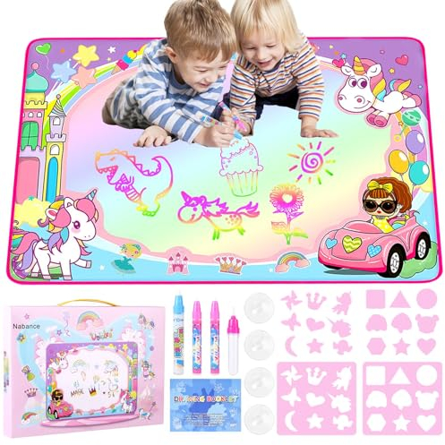 Nabance Malmatte mit Wasserstift Wasser Matte Doodle 100*80cm Wassermalmatte Super Groß XL Drawing Matte Wassermalmatte mit 3 Wasserstift 18 Ziehform Zeichnungsheft Geschenke für Kinder Mädchen Junge