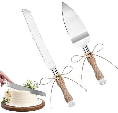 hongmo Juego de Elegantes Cuchillos para Tarta de Boda, Cuerda de Yute Natural, para Decoraciones y Celebraciones de Bodas