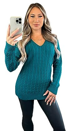 Crazy Fashion Ladies Long Sleeve V-Neck Knitted Cable Women’s Jumper Knitted Sweater Pull Over Jumper Top Knit Warm Winter Chunky Everyday Casual Pullover Plain Tops Jade UK 20-22