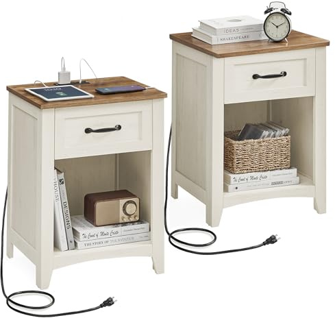 VASAGLE Farmhouse Nightstands with Charging Station, 1 Drawer, Set of 2