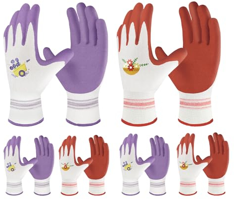 Velway 6 Paar Gartenhandschuhe für Frauen - Atmungsaktive Gummi-beschichtete Gartenarbeitshandschuhe - Outdoor-Schutzhandschuhe mit Griff Garten-Geschenke - Rot & Lila Groß