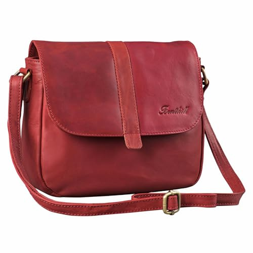 Benthill Damen Tasche aus Echt-Leder - Handtasche aus Rindsleder - Schultertasche mit Reißverschluss - Vintage Umhängetasche, Farbe:Rot