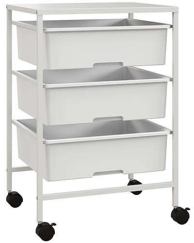 HOMCOM Carrito Auxiliar con Ruedas Carrito de Cocina de 3 Niveles con 3 Cestas para Almacenamiento y Marco de Acero para Comedor Sala Baño 40,8x33,5x60,5 cm Blanco