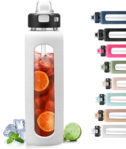BLUEGO 900ML Bouteille d'eau en Verre avec Poignée et Paille Bouteille d'hydratation avec Manchon en Silicone et Marquage du Temps Gourde de Motivation pour Gym Sport Extérieur Anti-fuite, Blanc