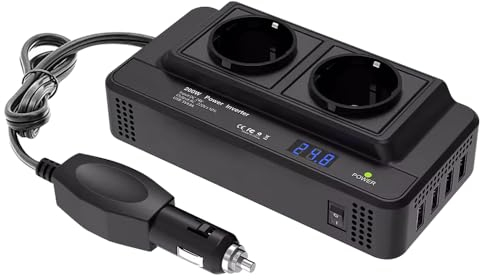 HIULLEN 200W KFZ Spannungswandler DC 12V auf 230V AC Wechselrichter mit 2 Steckdosen und 4 USB Anschluss, Zigarettenanzünderstecker für Auto Camping Laden von Handys, Laptops und Anderen Geräten