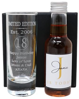 Laser Engraved Est 2006 18th Birthday Shot Glass Set with Personalised Gold Initial Miniature Alcohol Bottle Gift For Son or Daughter | Girls & Boys (Amaretto/No Gift Box) 28% vol