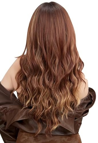 CGVG Lange Lockige Wellige Perücke mit Pony Elegante Rotbraun Perücke Braune Perücke mit Highlight Hitzebeständgie Kunsthaar für Damen Tägliche Verwendung Cosplay Hochzeit