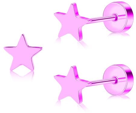 ZDE Women Earrings Flat Back Star Earrings Titanium Hypoallergenic Non-Nickel Cartilage Studs for Sensitive Ears Simple Classic 5mm Tiny Gold Screw On Stud Earring (Star-Pink)