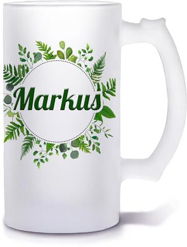 Bierkrug mit Name personalisiert | Blätterrahmen | Glasbierkrug individuell bedruckt | Biergeschenk für Männer zum Geburtstag Bayern Oktoberfest-Dekoration Wiesn Party Brauerei Bier brauen Helles