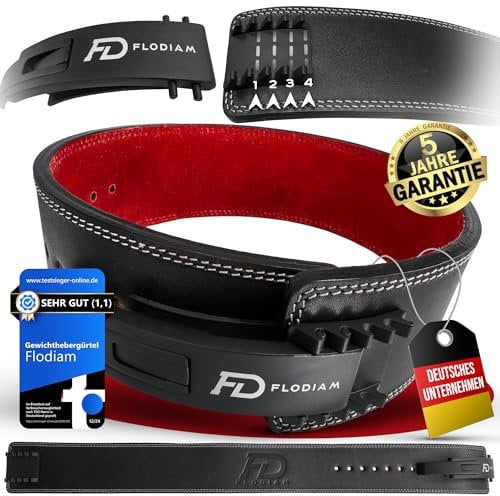Flodiam Profi Gewichthebergürtel Full Power Design Herren & Damen [Schnellverstell] Hebelverschluss Gym Lifting Belt Fitness Gürtel Büffelleder Weightlifting Powerlifting 10cm hoch, Schwarz/Rot, XL