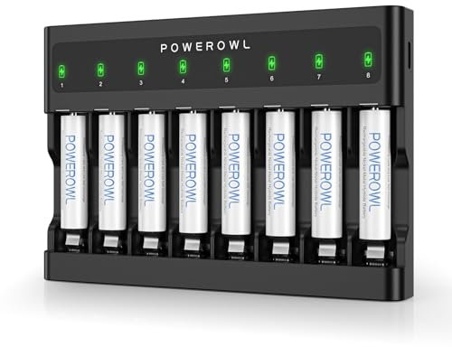 POWEROWL AAA Rechargeable Batteries with Charger, 8 Slots Battery Charger (FY-828), Independent Slot, USB Fast Charging for Ni-MH Ni-CD Rechargeable Batteries