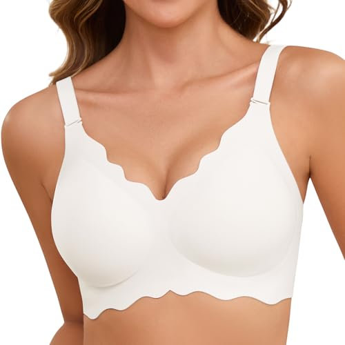 Lonya Bras for Women Push Up Seamless Support Wireless Full Coverage Wave Edge Non Wired Comfort Soft T-Shirt Bra White,XL