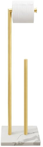 GZILA Toilet Paper Holder Stand Brushed Gold with Reserve, Marble Base Design, Free Standing Bathroom Tissue Roll Holder Freestanding, SUS304 Stainless Steel