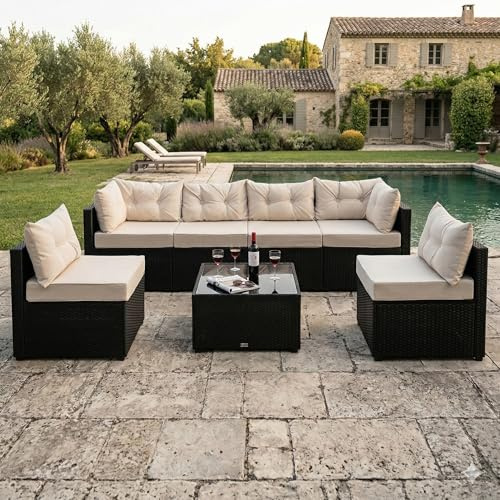 CONCEPT USINE Salon de Jardin Modulable NACULA Résine Tressée Noir 5 Places | Table basse en verre trempé, coussins beige confortables, configuration U ou angle