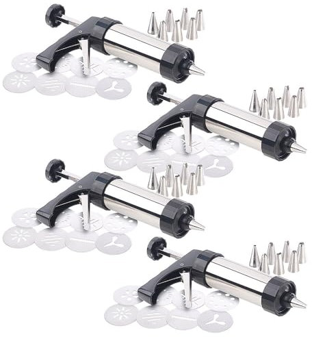 Rosenstein & Söhne Profi Gebäckpresse: 4er-Set Edelstahl-Gebäckpressen&Garnierspritzen mit 8 Schablonen&Tülle (Profi Edelstahl Gebäckpresse, Spritzgebäck Pressen, Backblech)