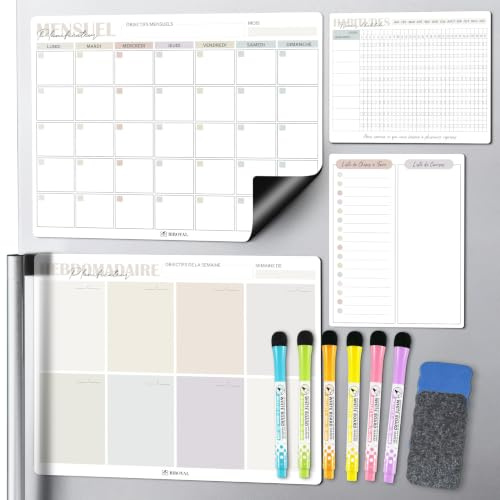 BIROYAL Calendrier Tableau Magnetique Frigo, 4 Pièces | Tailles 42x32cm et 23x18cm, Forte aimantation pour frigo et métal, 6 marqueurs secs, Pour organiser famille, école, courses