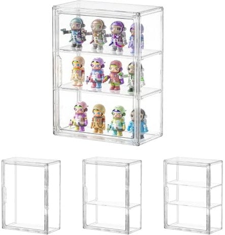 Acryl Vitrine für Sammlerstücke, Display Case, Schaukasten Vitrine 36x13x27cm 2 stöckige Regale staubdichte Vitrine für Figuren Miniaturen Puppen stapelbar modulares Design Selbstmontage Klein mit Tür