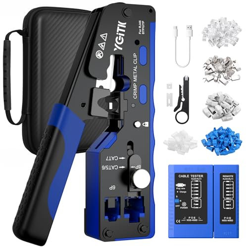 YGiTK Pinza Crimpatrice RJ45 CAT7 Professionale con 50 Connettori Schermati, Testatore Ricaricabile e Design Foro Passante - Kit Completo per Cavi Ethernet 10Gbps, Scatola Portatile Inclusa